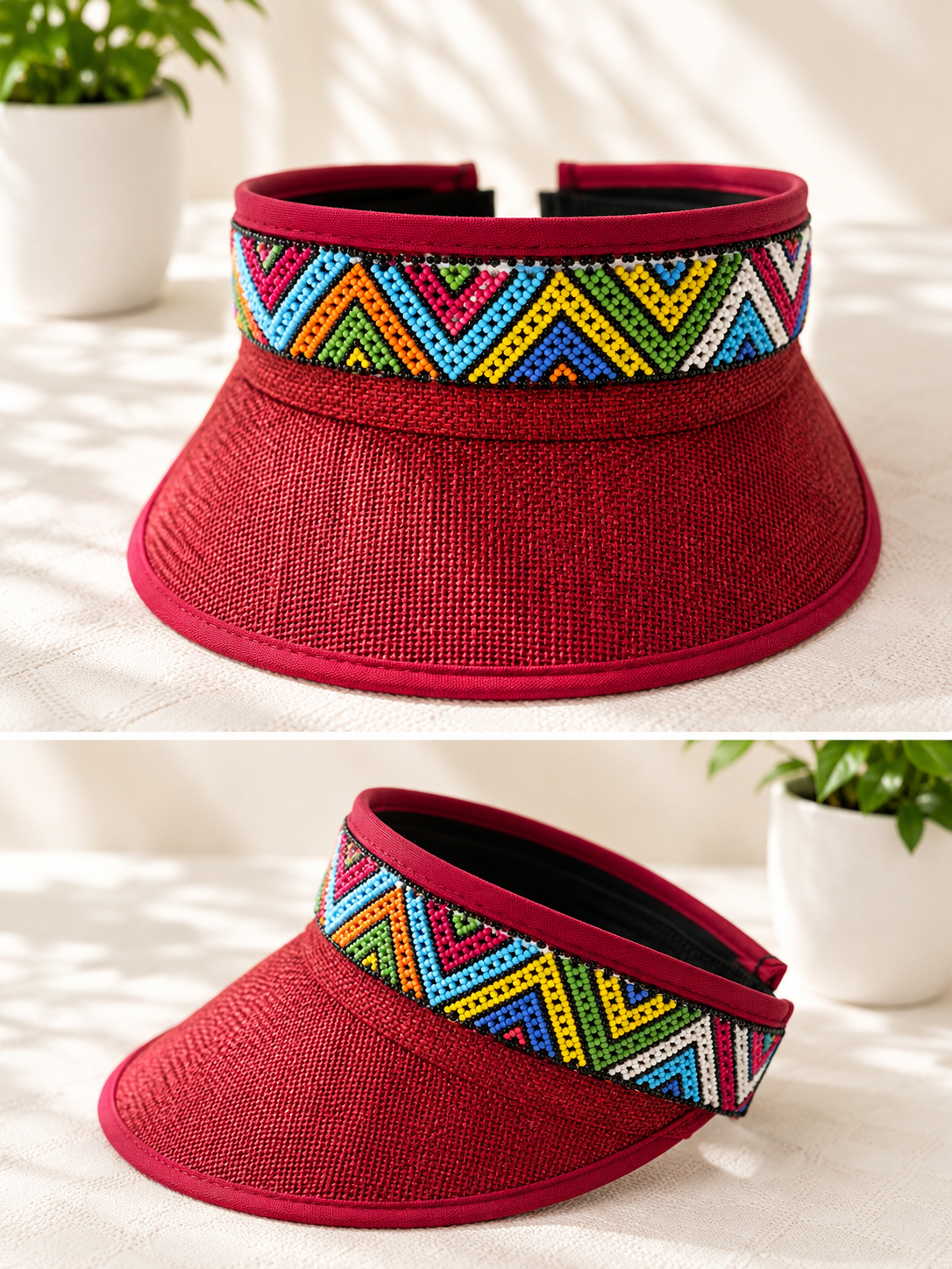 Visor Beige Beaded hat with an Elastic Back