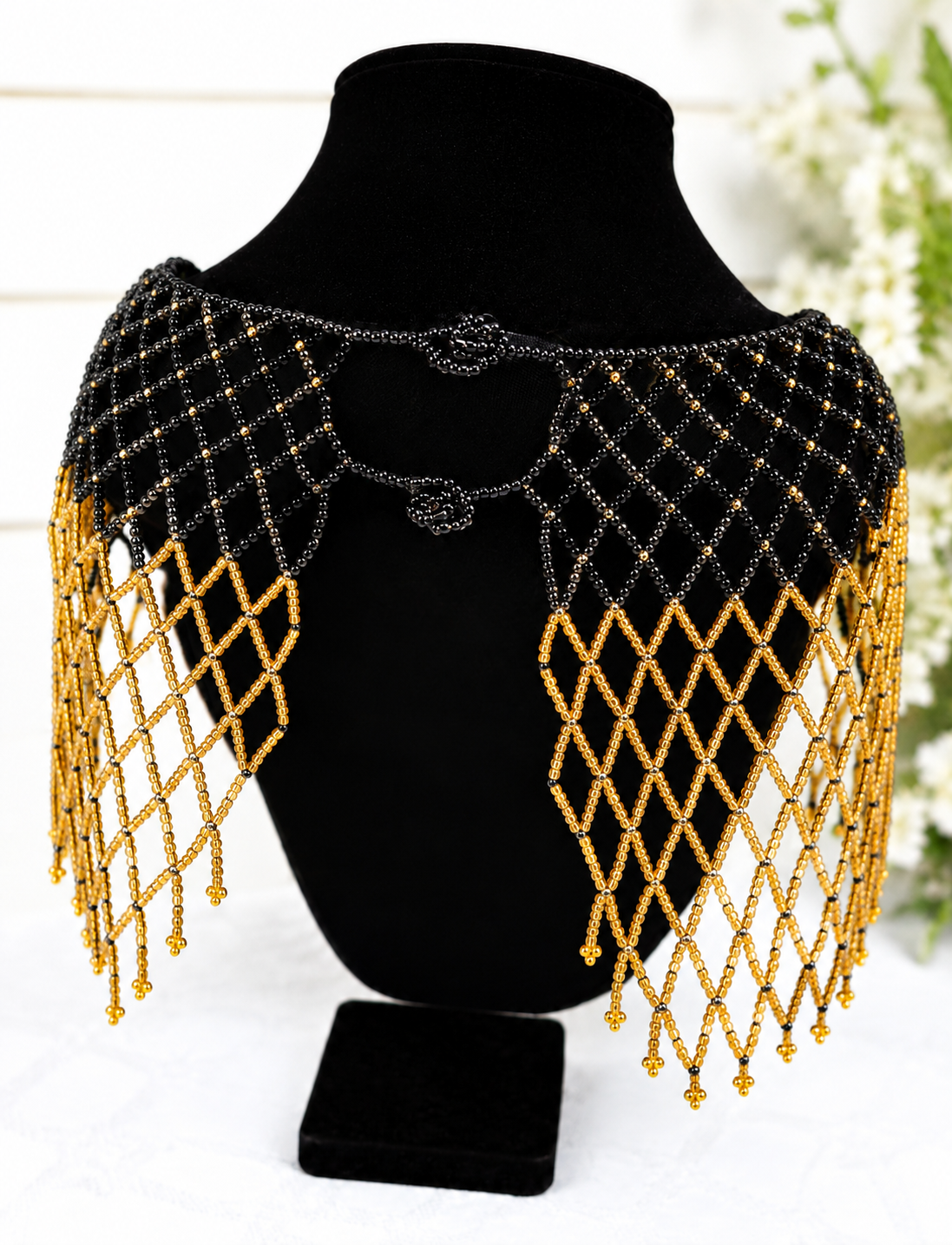 Black and Gold Beaded Shoulder Necklace