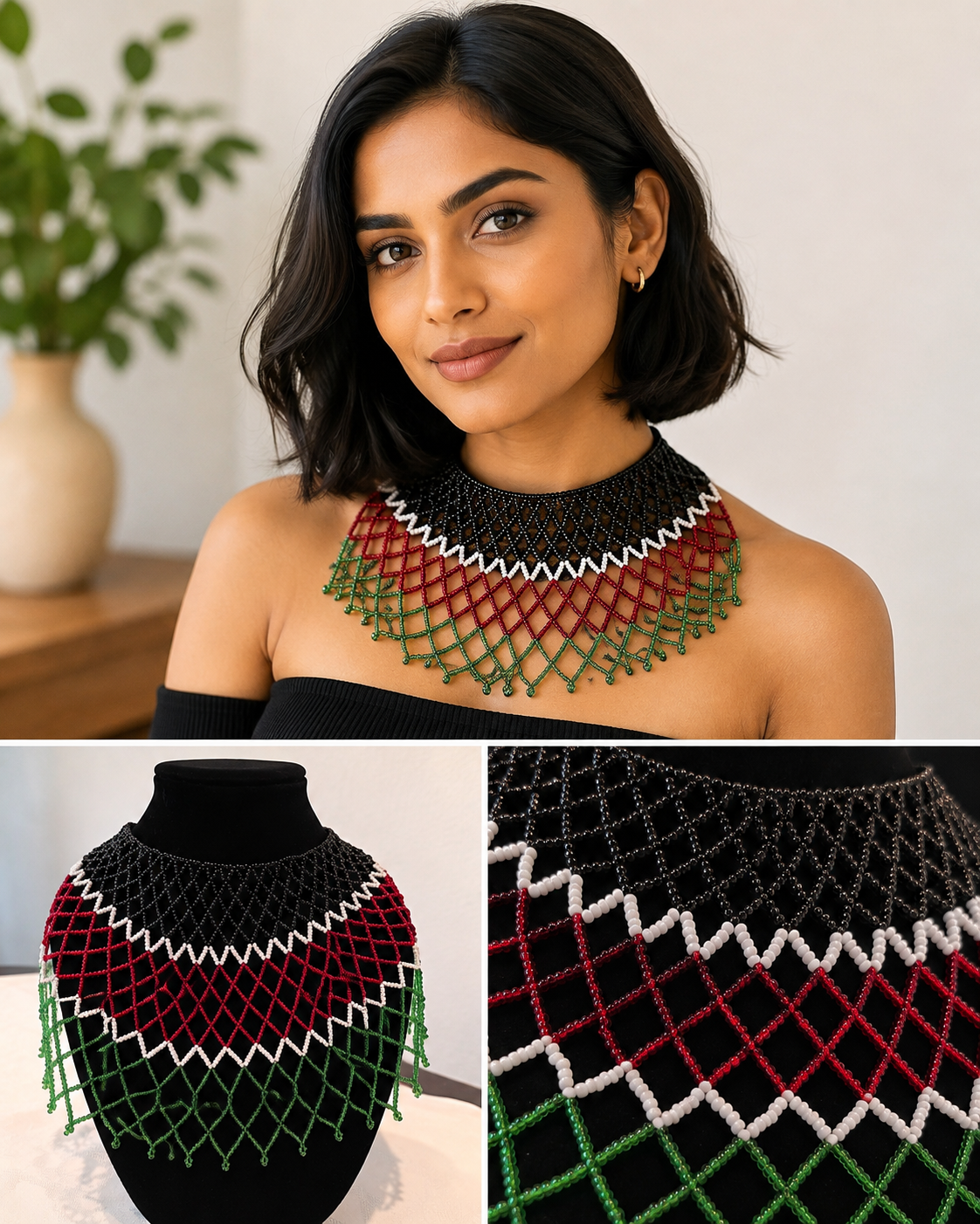 Black, Red, White and Green Beaded Shoulder Necklace