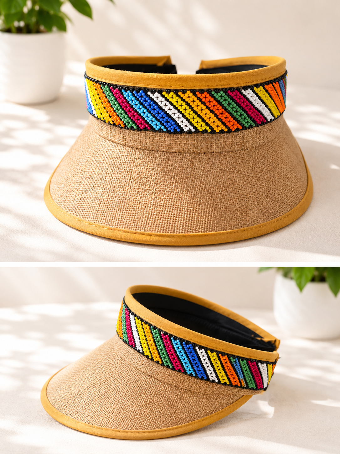 Visor Brown Beaded hat with an Elastic Back