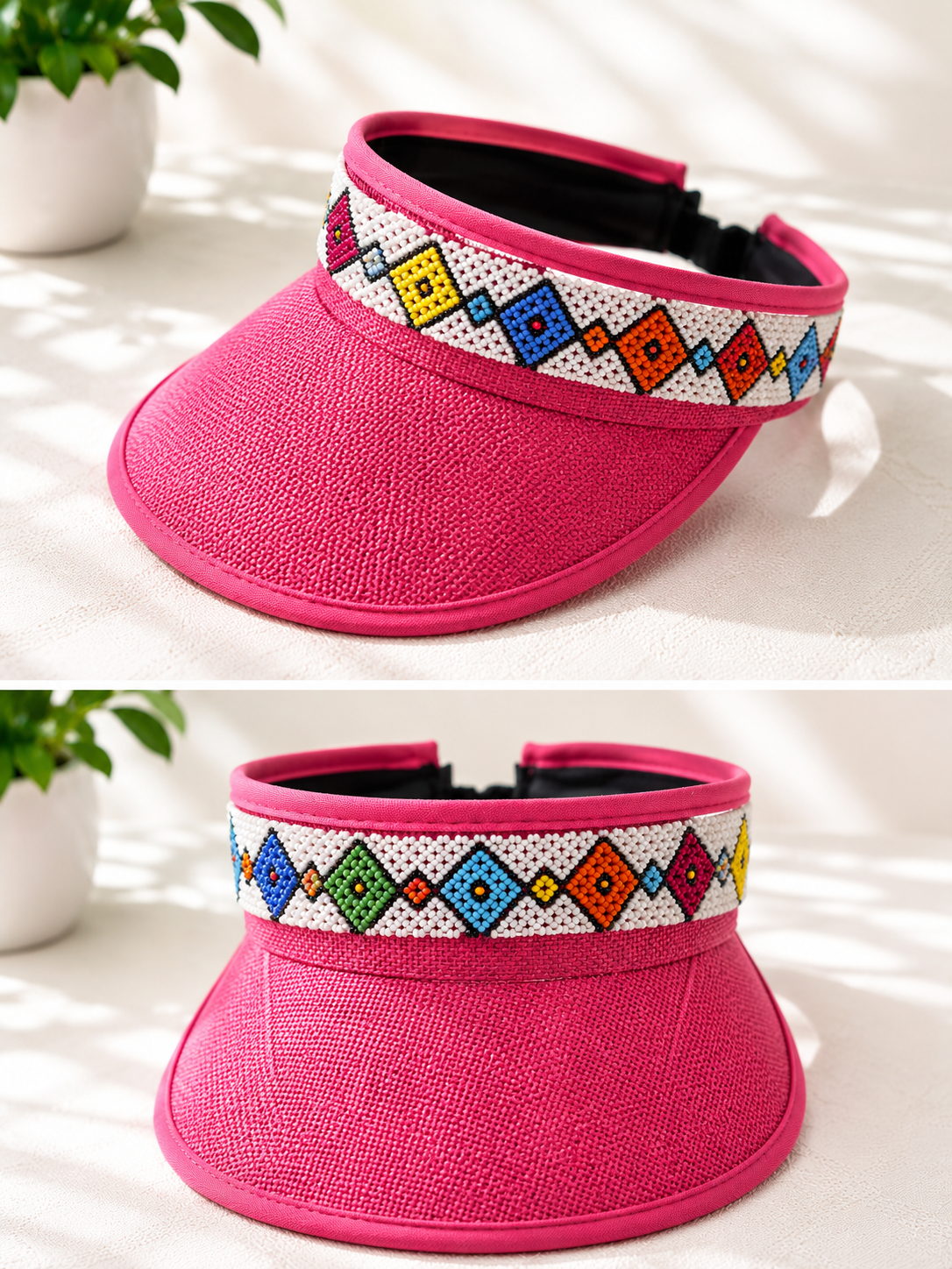 Visor Pink Beaded hat with an Elastic Back
