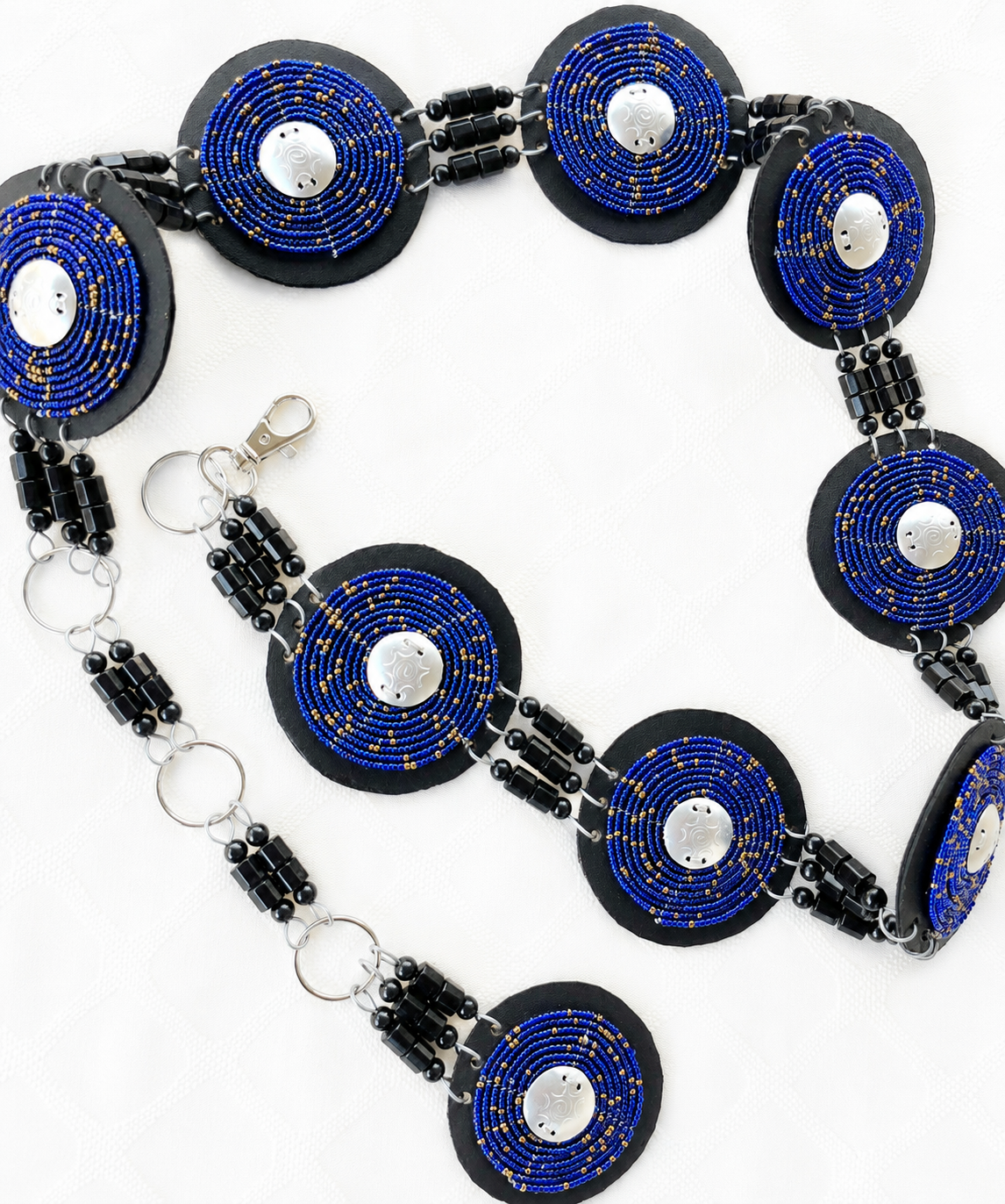 Blue and Gold Beaded Belt with a Silver Disc