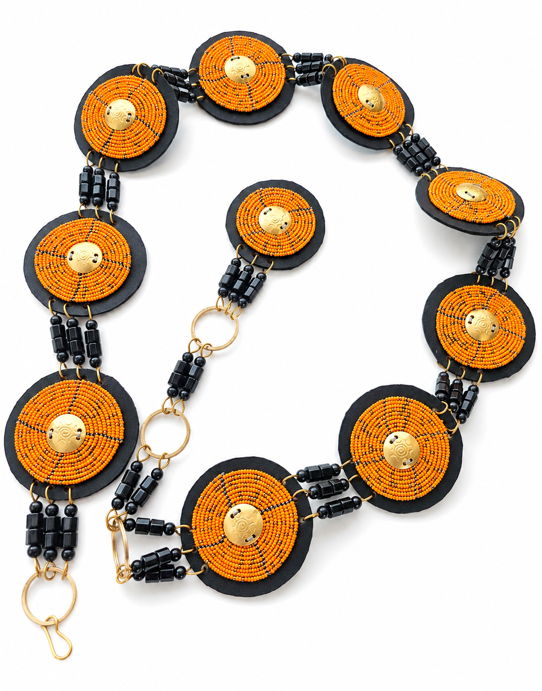 Orange & Gold Beaded Belt with a Gold Disc
