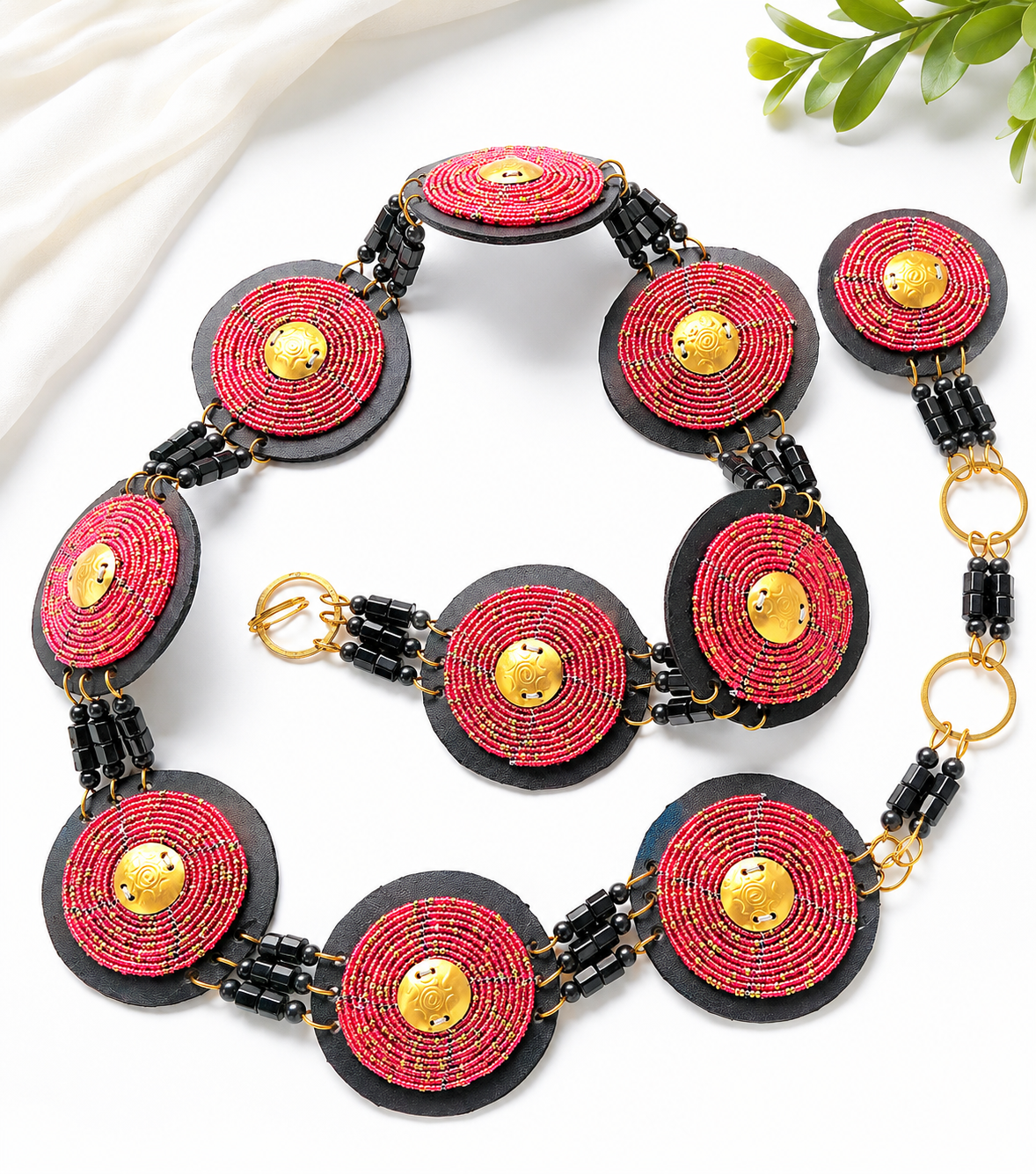 Red & Gold Beaded Belt with a Gold Disc