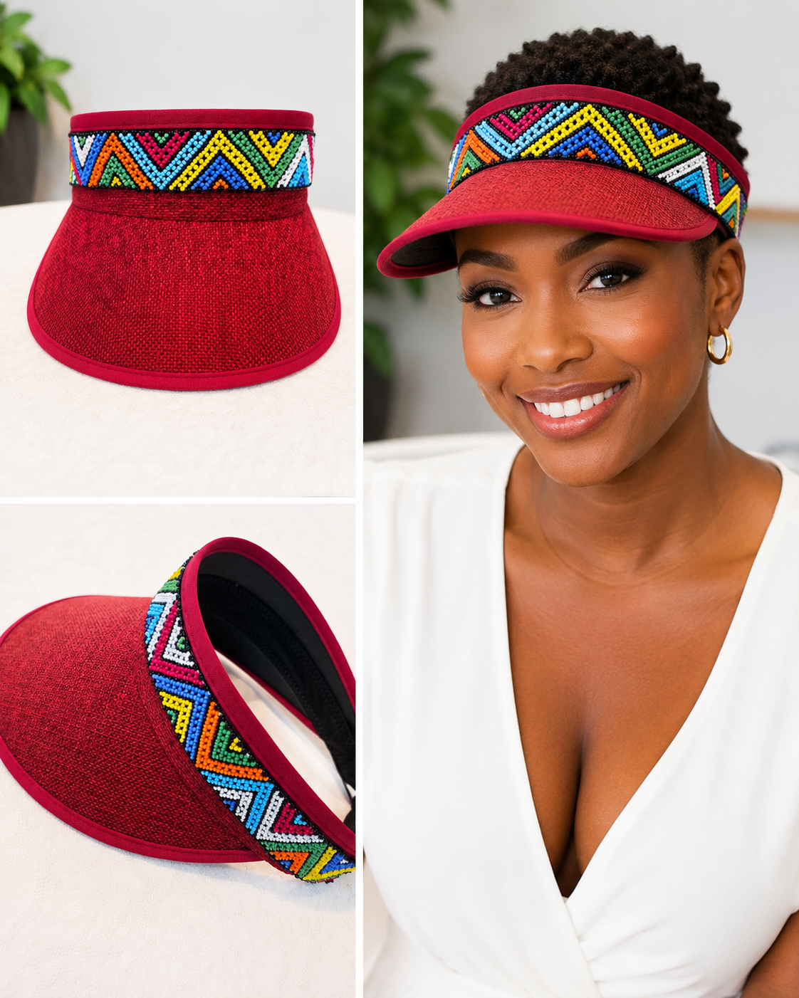 Visor Beige Beaded hat with an Elastic Back