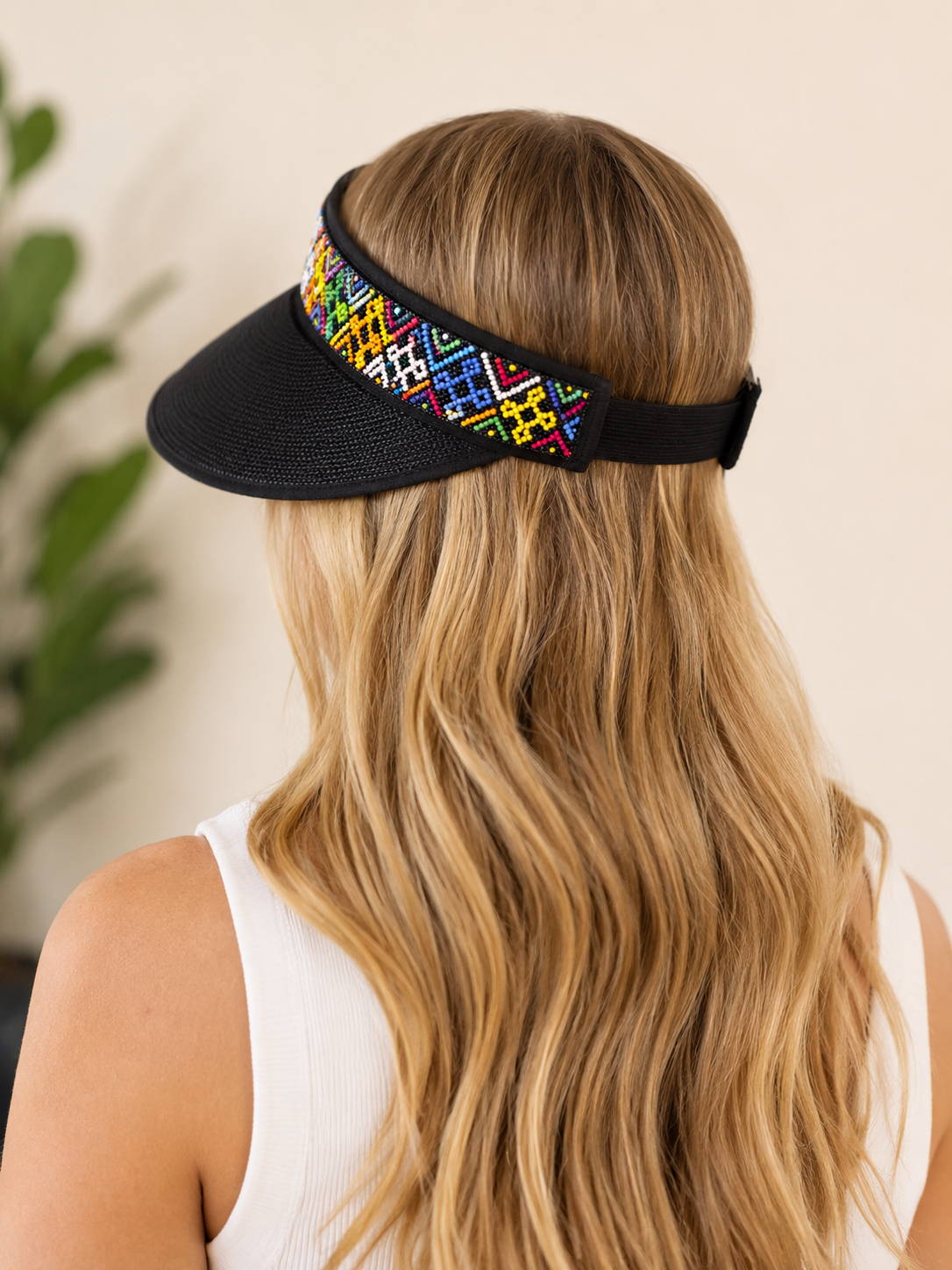 Visor Black Beaded hat with an Elastic Back