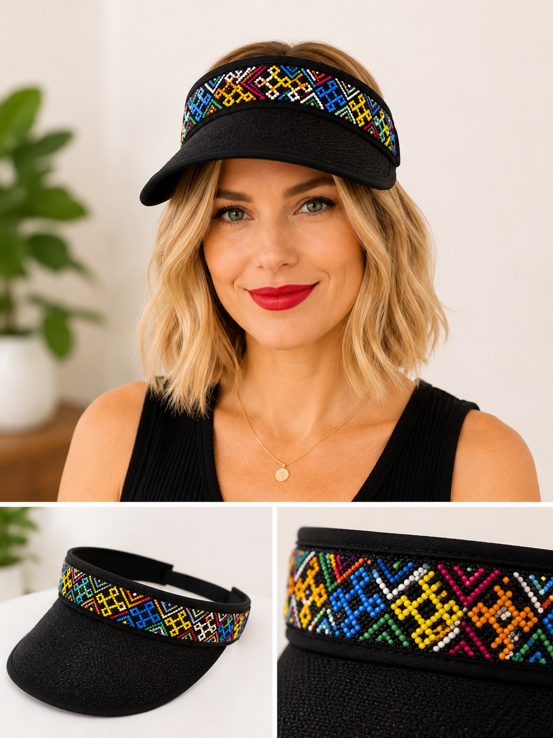 Visor Black Beaded hat with an Elastic Back
