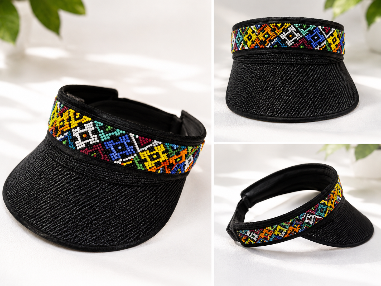 Visor Black Beaded hat with an Elastic Back