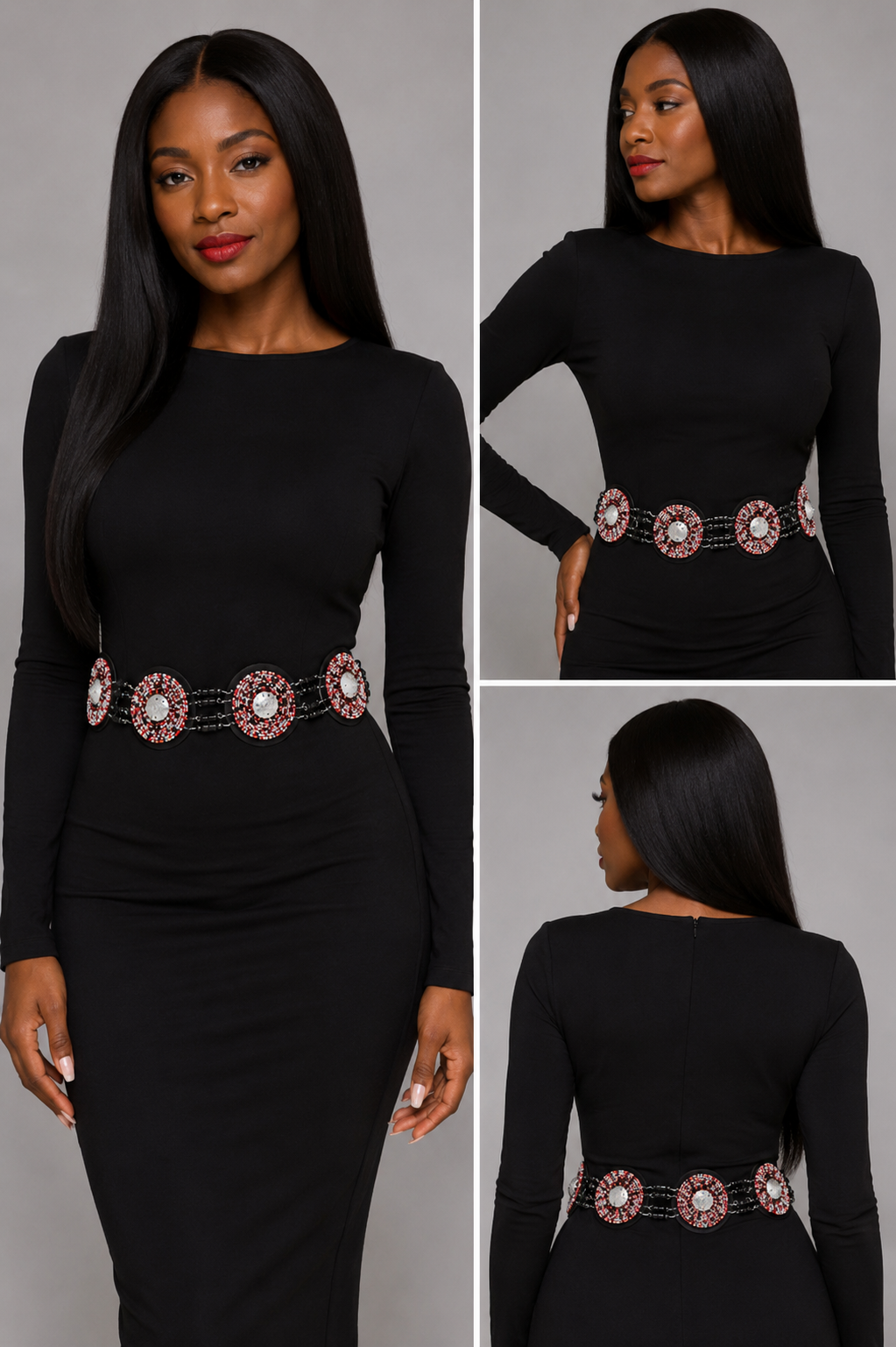 White, Black & Red Beaded Belt with a Silver Center