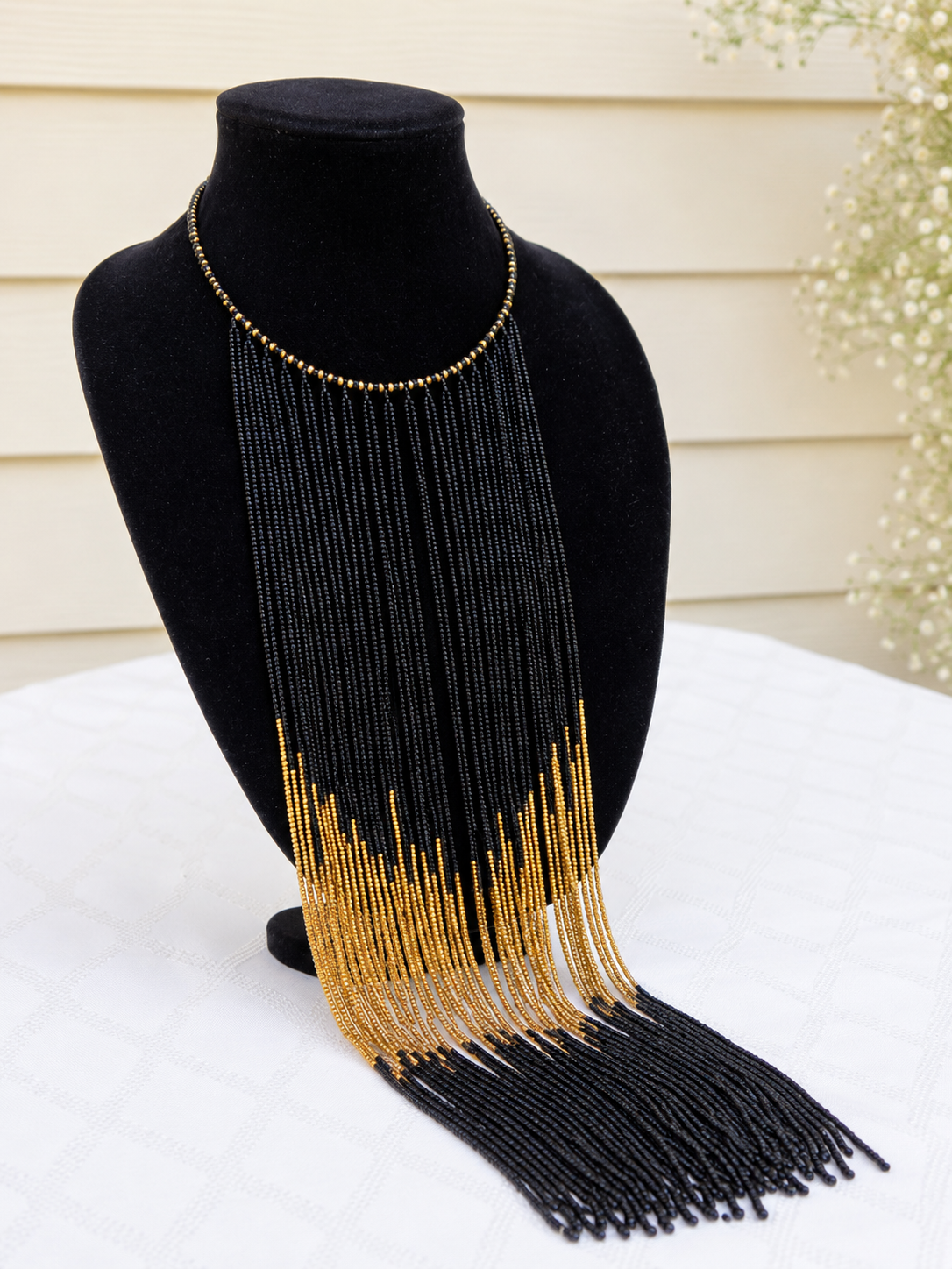 Black and Gold Beaded Long Necklace