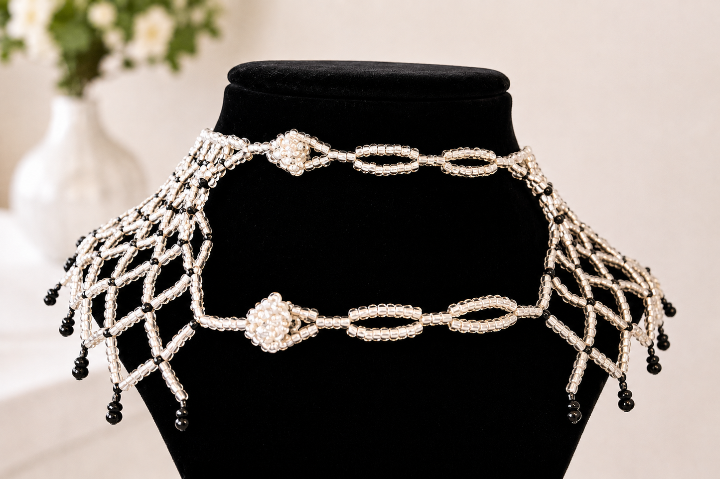 Black and clear beaded shoulder necklace