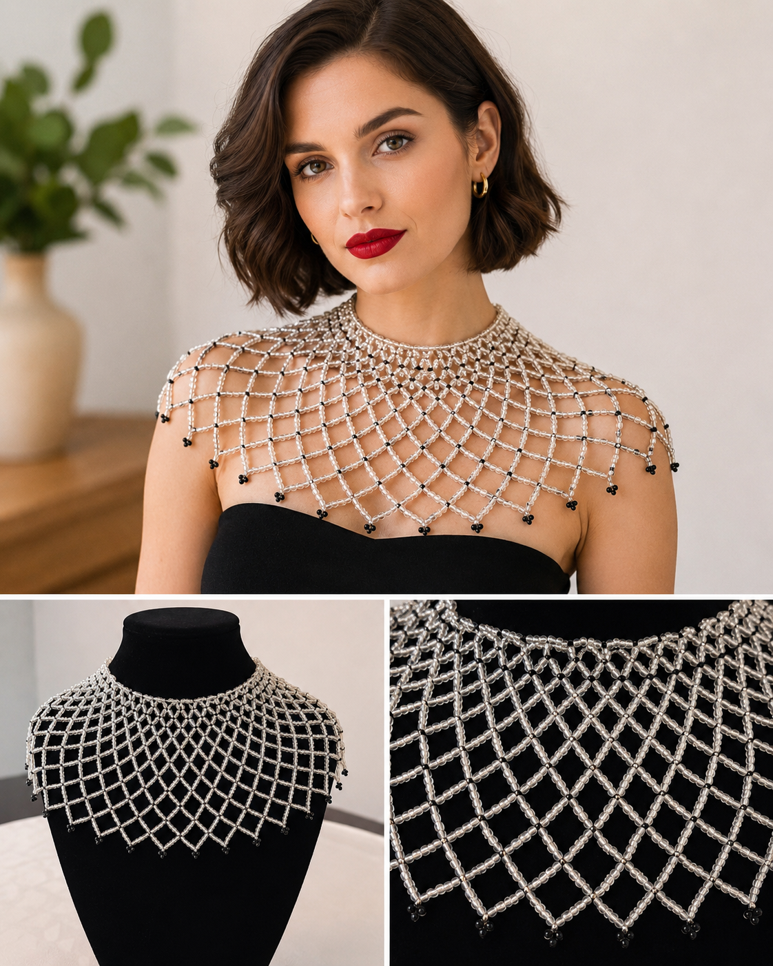 Black and clear beaded shoulder necklace
