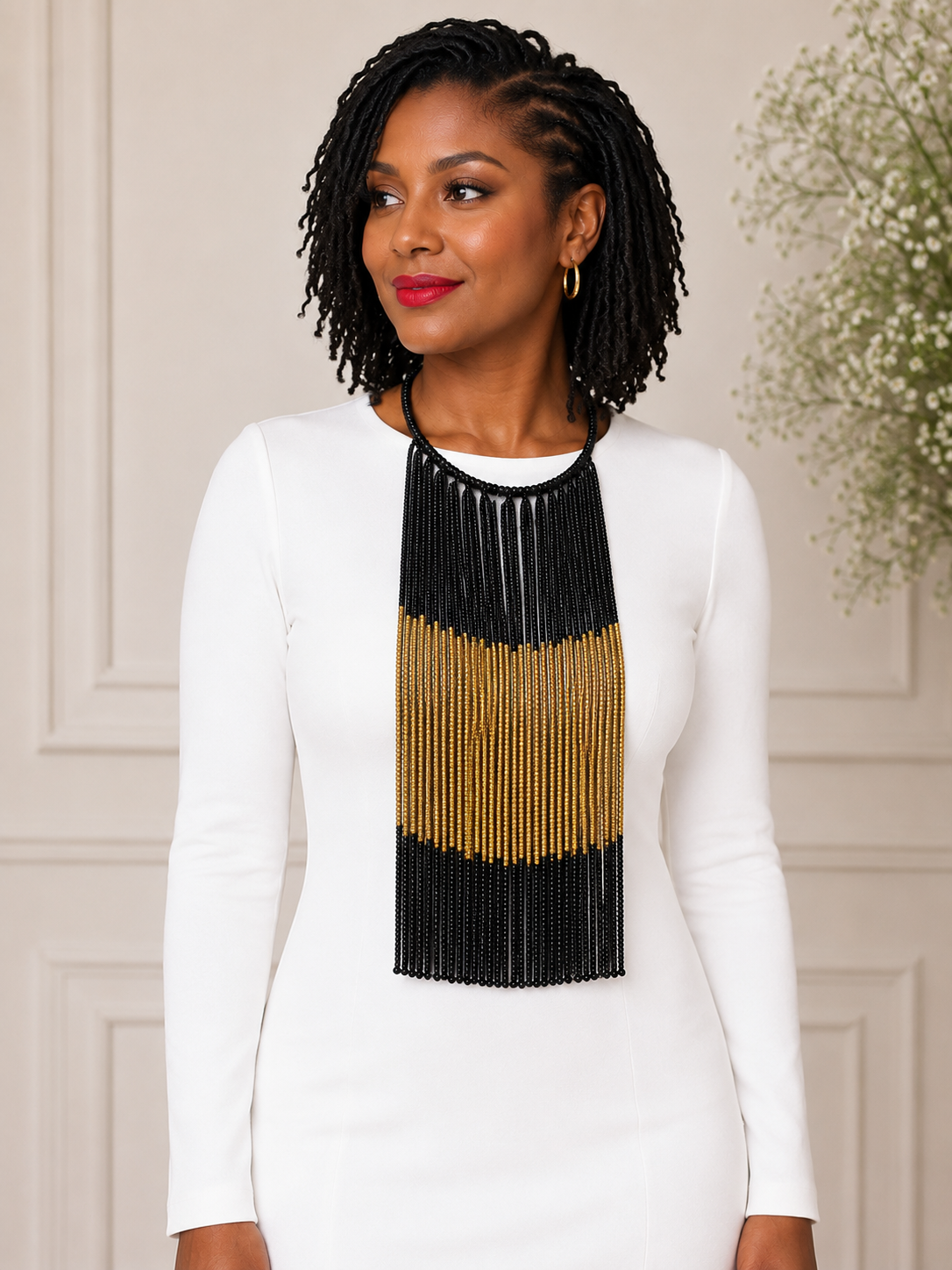 Black and Gold Beaded Long Necklace