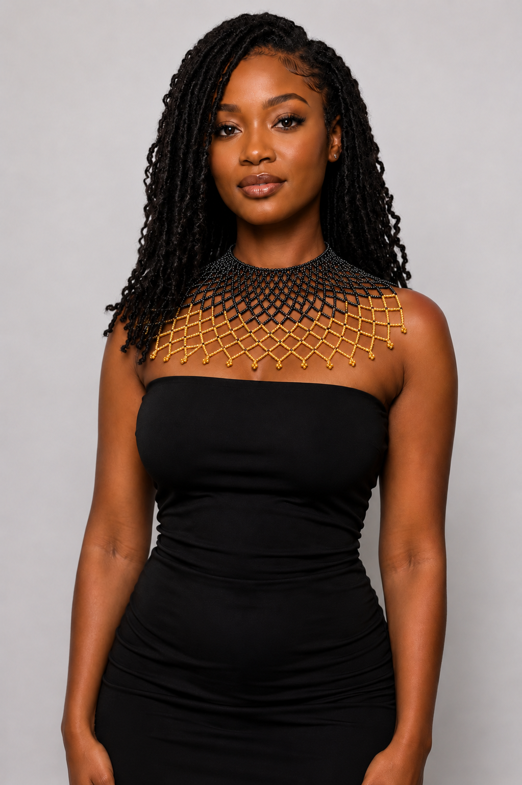 Black and Gold Beaded Shoulder Necklace