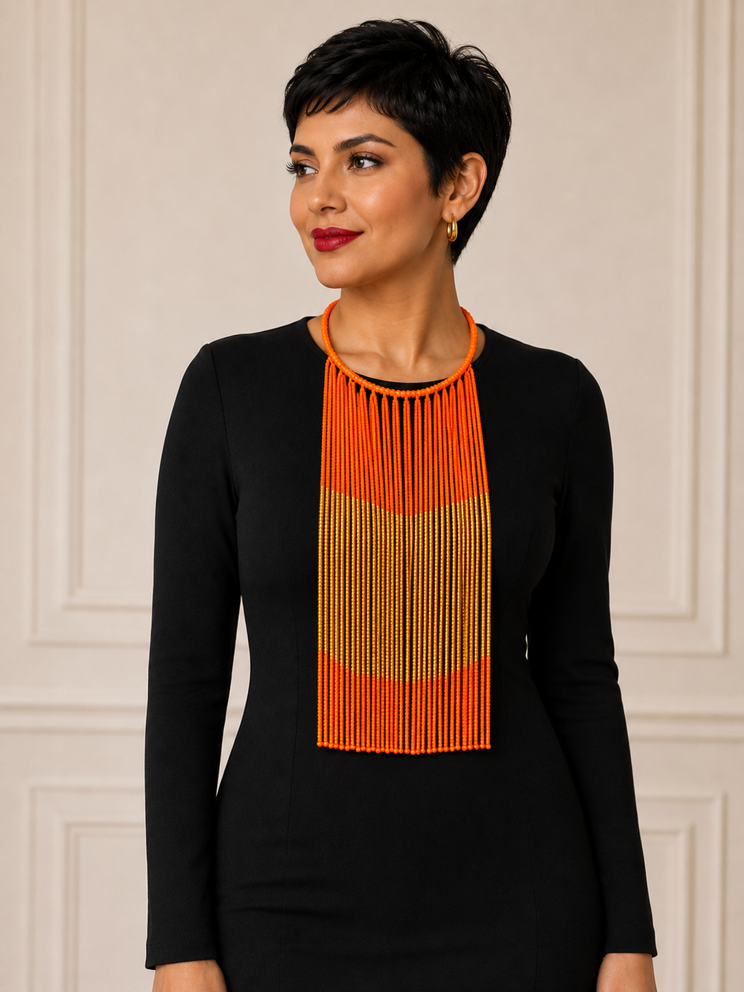 Orange and Gold Beaded Long Necklace