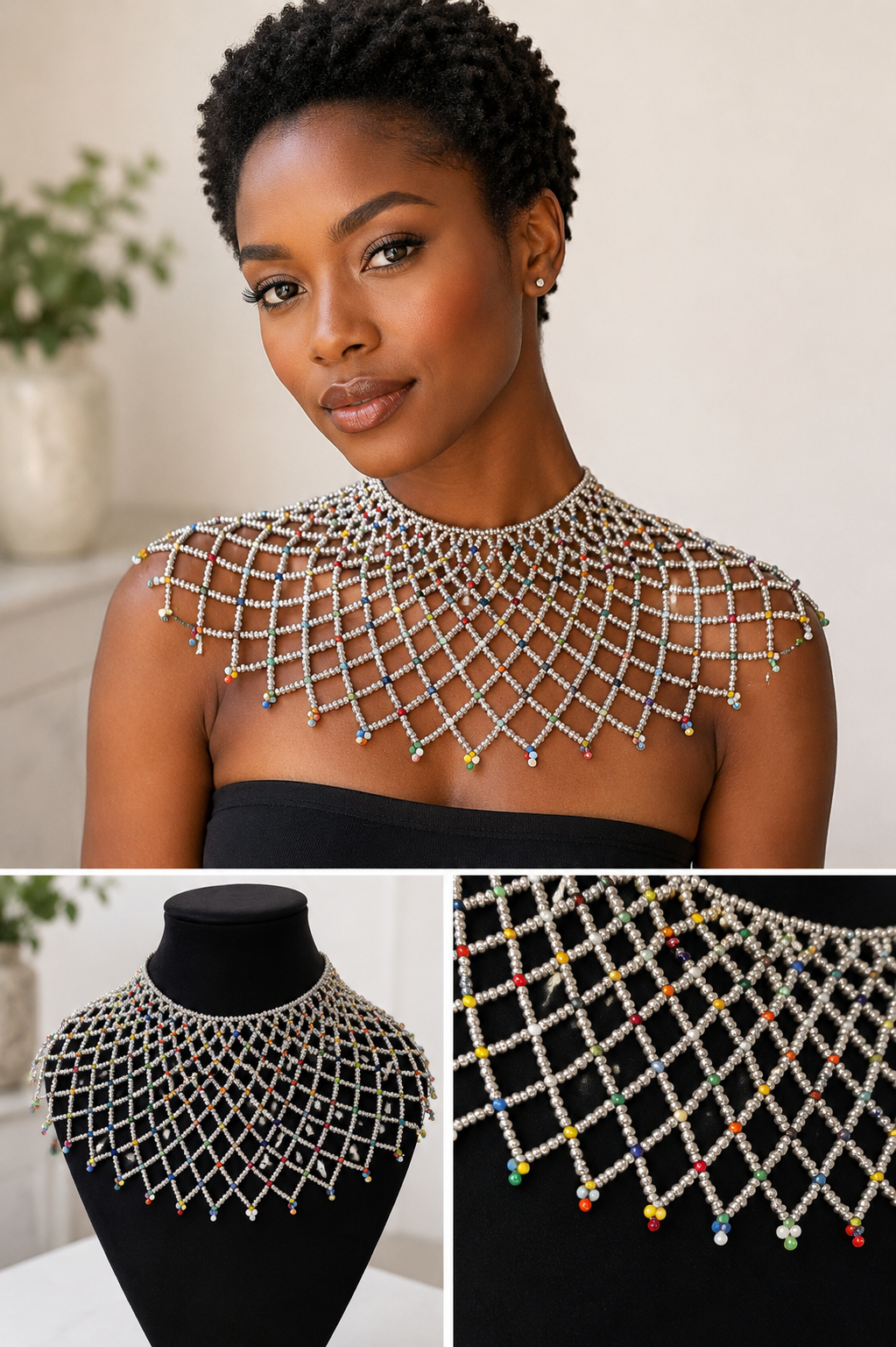 Grey, with multicolored beads shoulder necklace