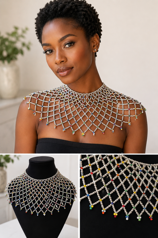 Grey, with multicolored beads shoulder necklace