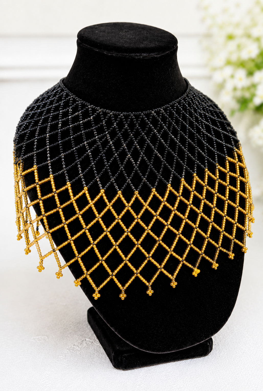 Black and Gold Beaded Shoulder Necklace