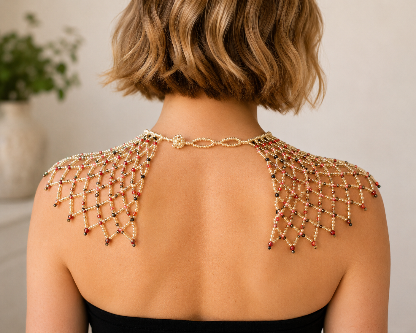 Light Brown shoulder necklace with Black and Red beads