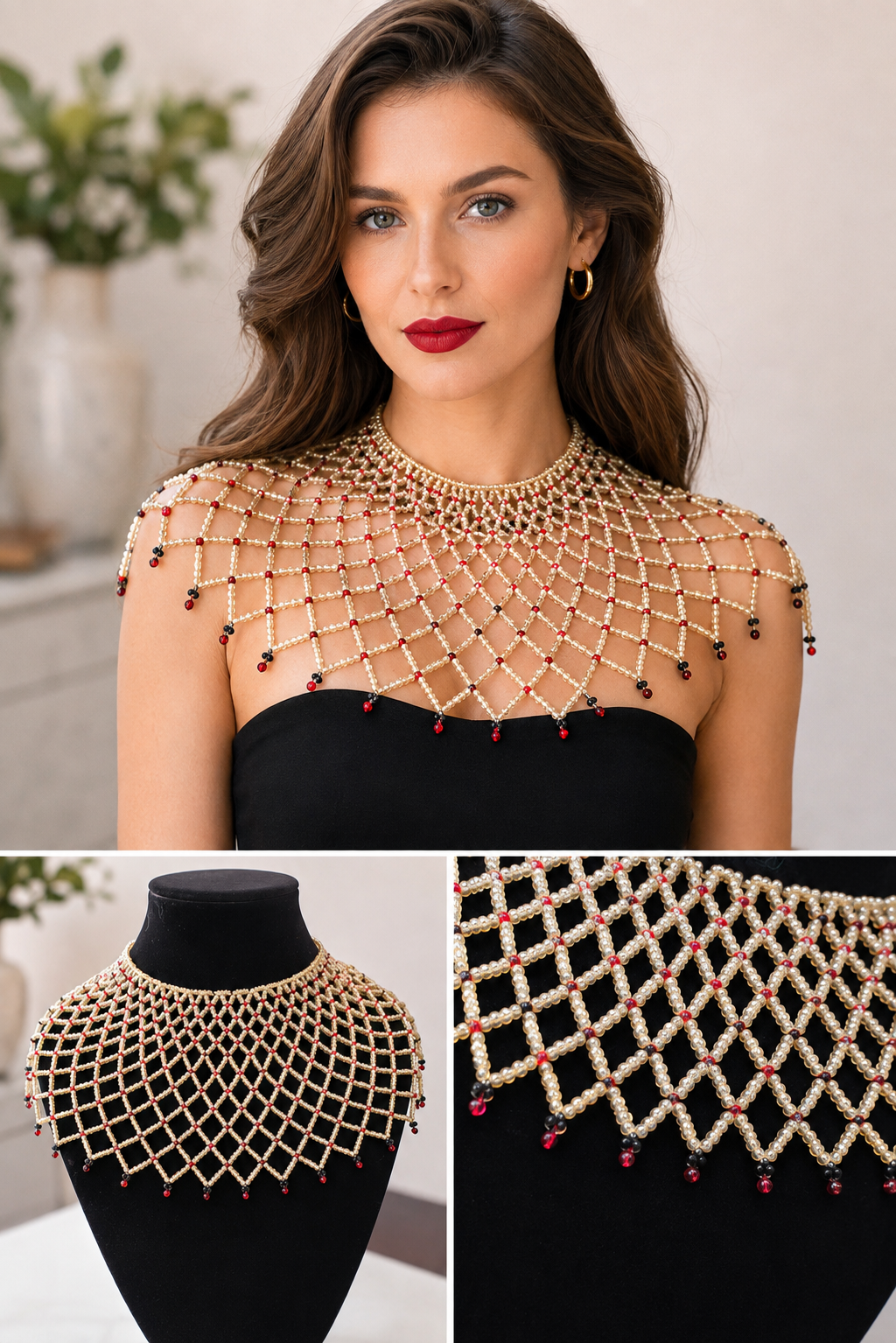 Light Brown shoulder necklace with Black and Red beads