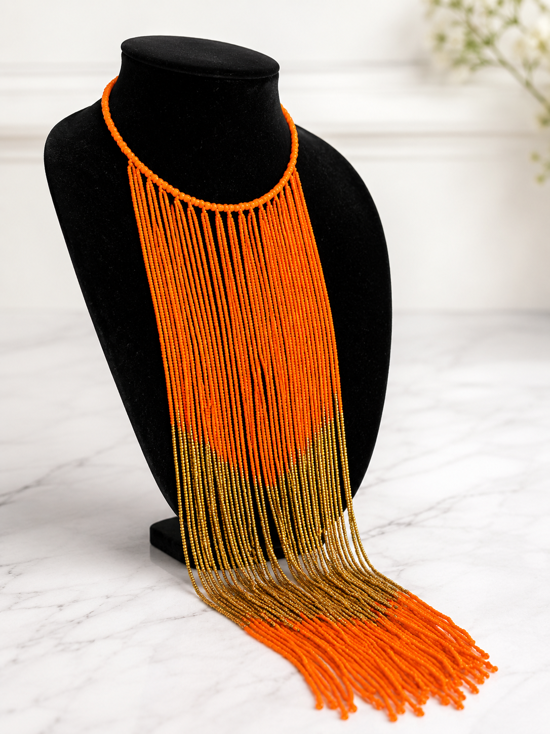 Orange and Gold Beaded Long Necklace