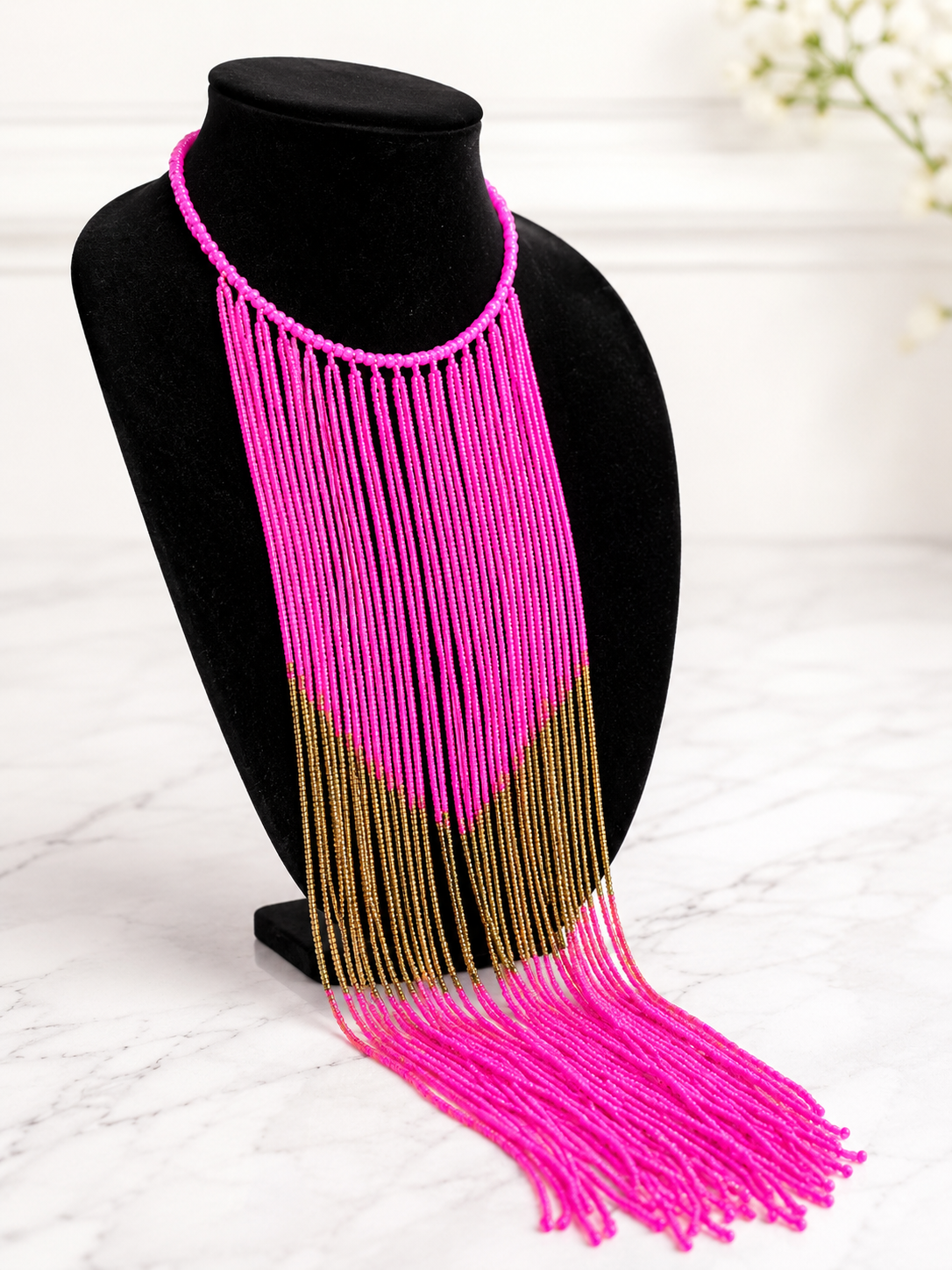 Pink and Gold Beaded Long Necklace