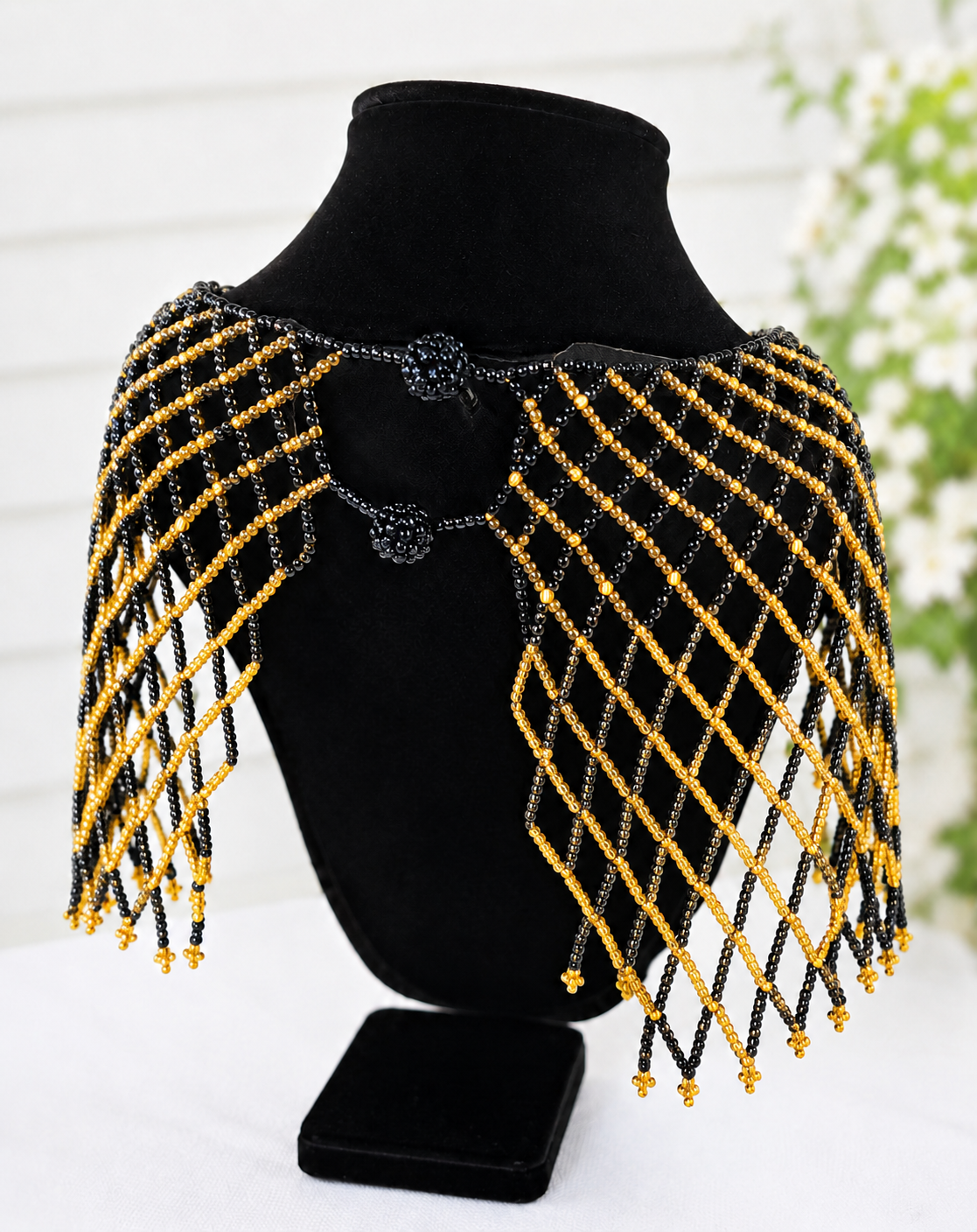 Black and Gold Crisscross Beaded Shoulder Necklace