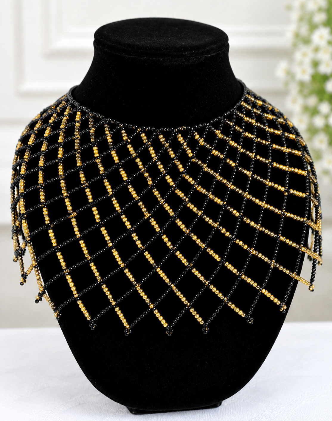 Black and Gold Crisscross Beaded Shoulder Necklace