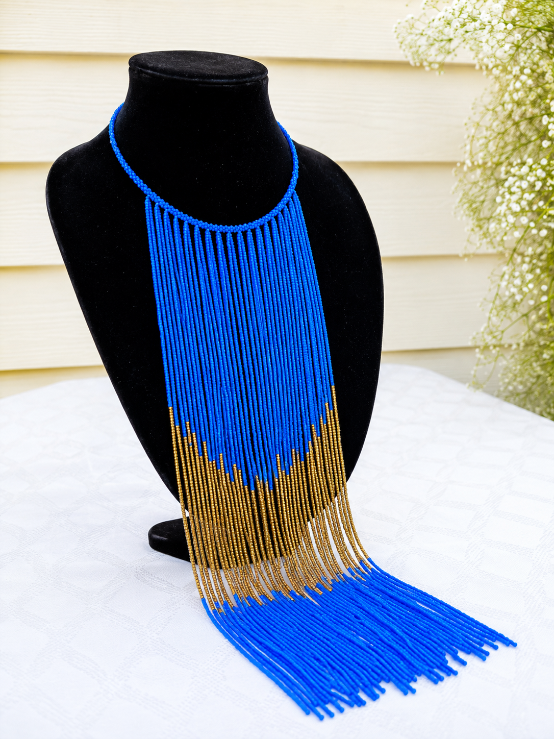 Turquois and Gold Beaded Long Necklace