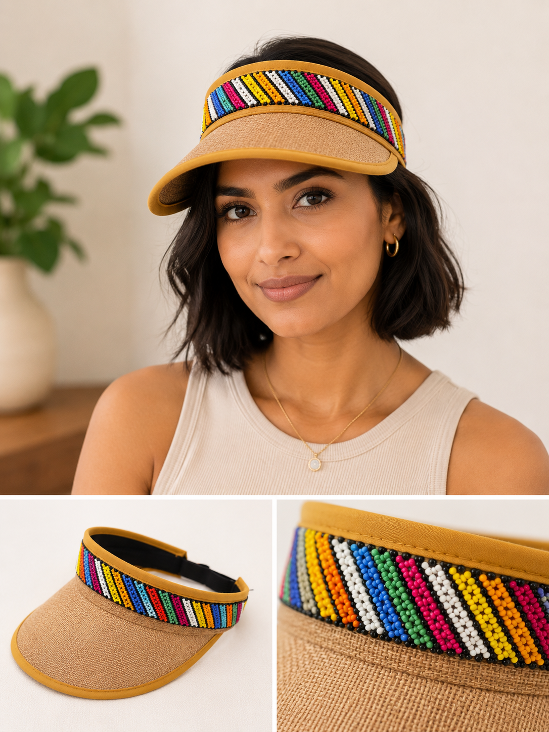 Visor Brown Beaded hat with an Elastic Back