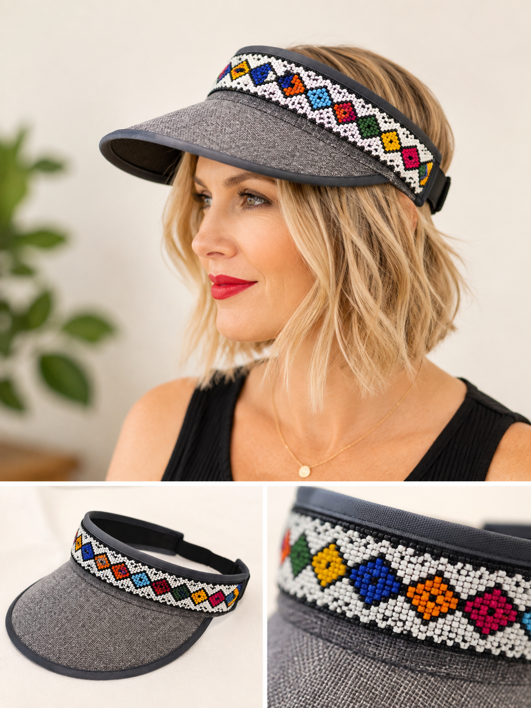 Visor Grey Beaded hat with an Elastic Back