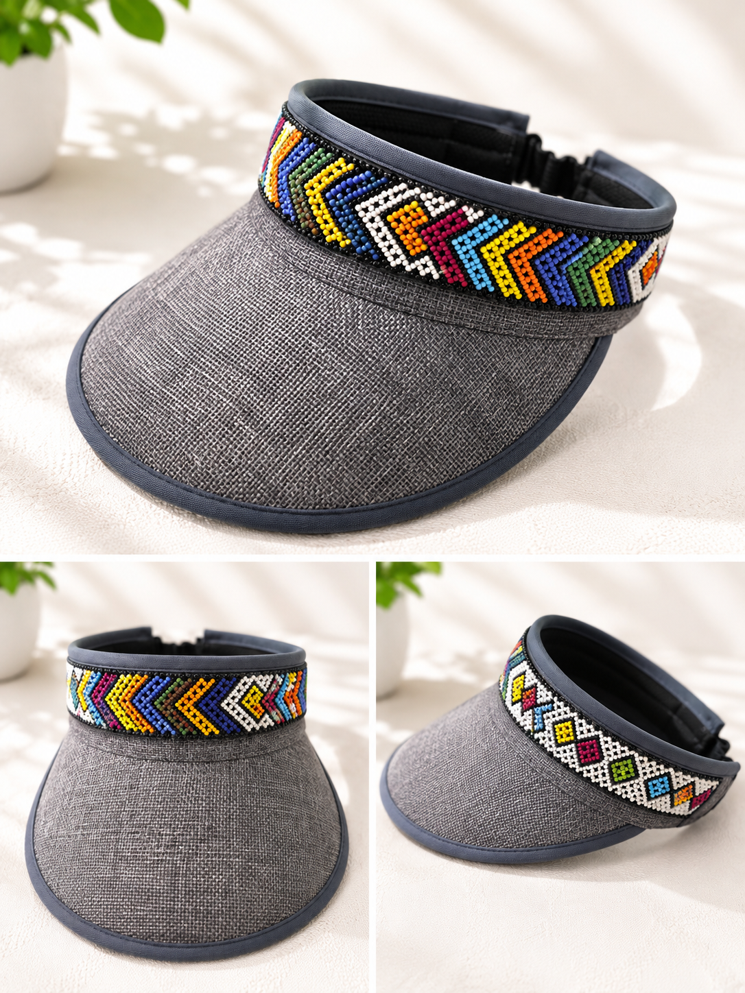Visor Grey Beaded hat with an Elastic Back