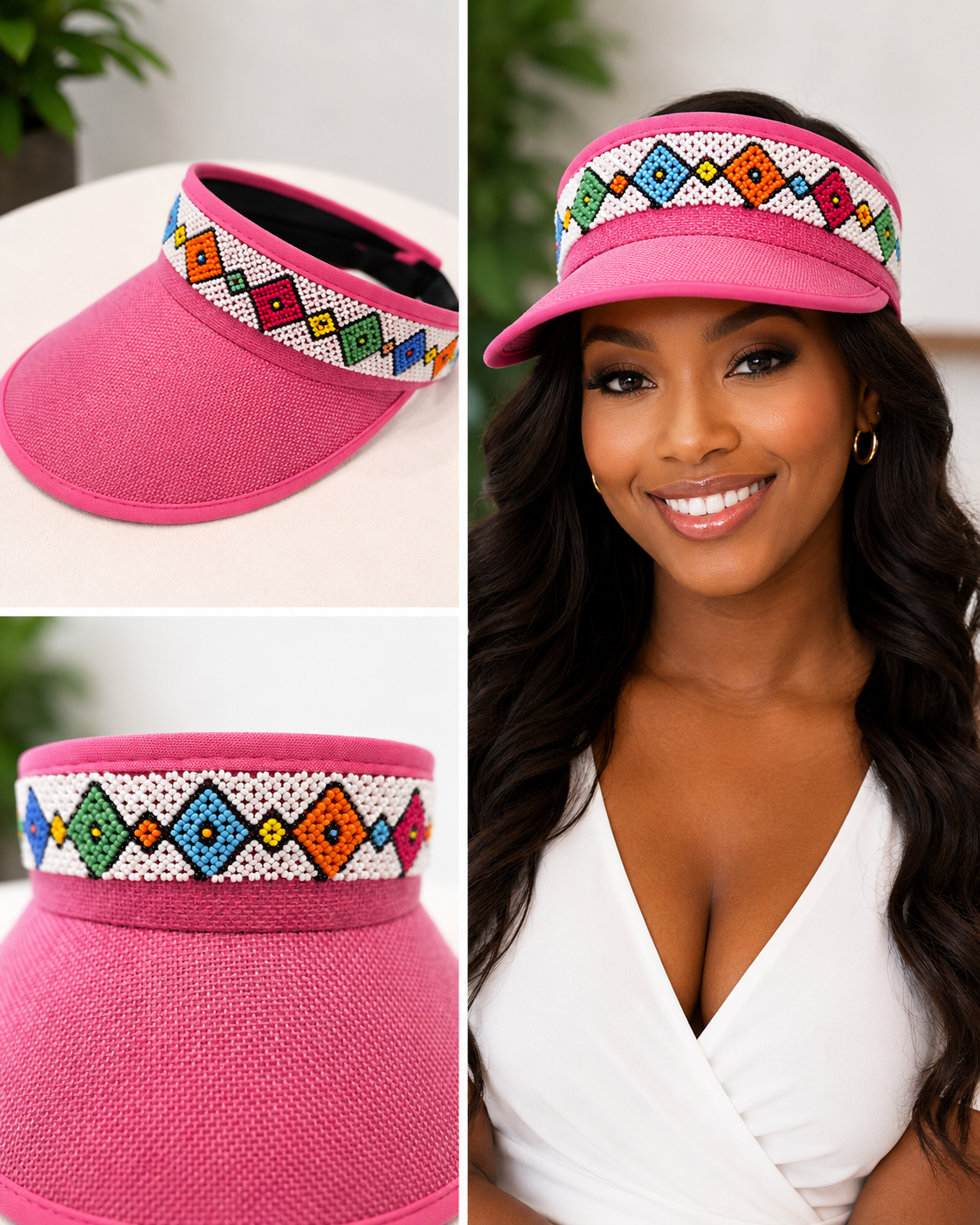Visor Pink Beaded hat with an Elastic Back