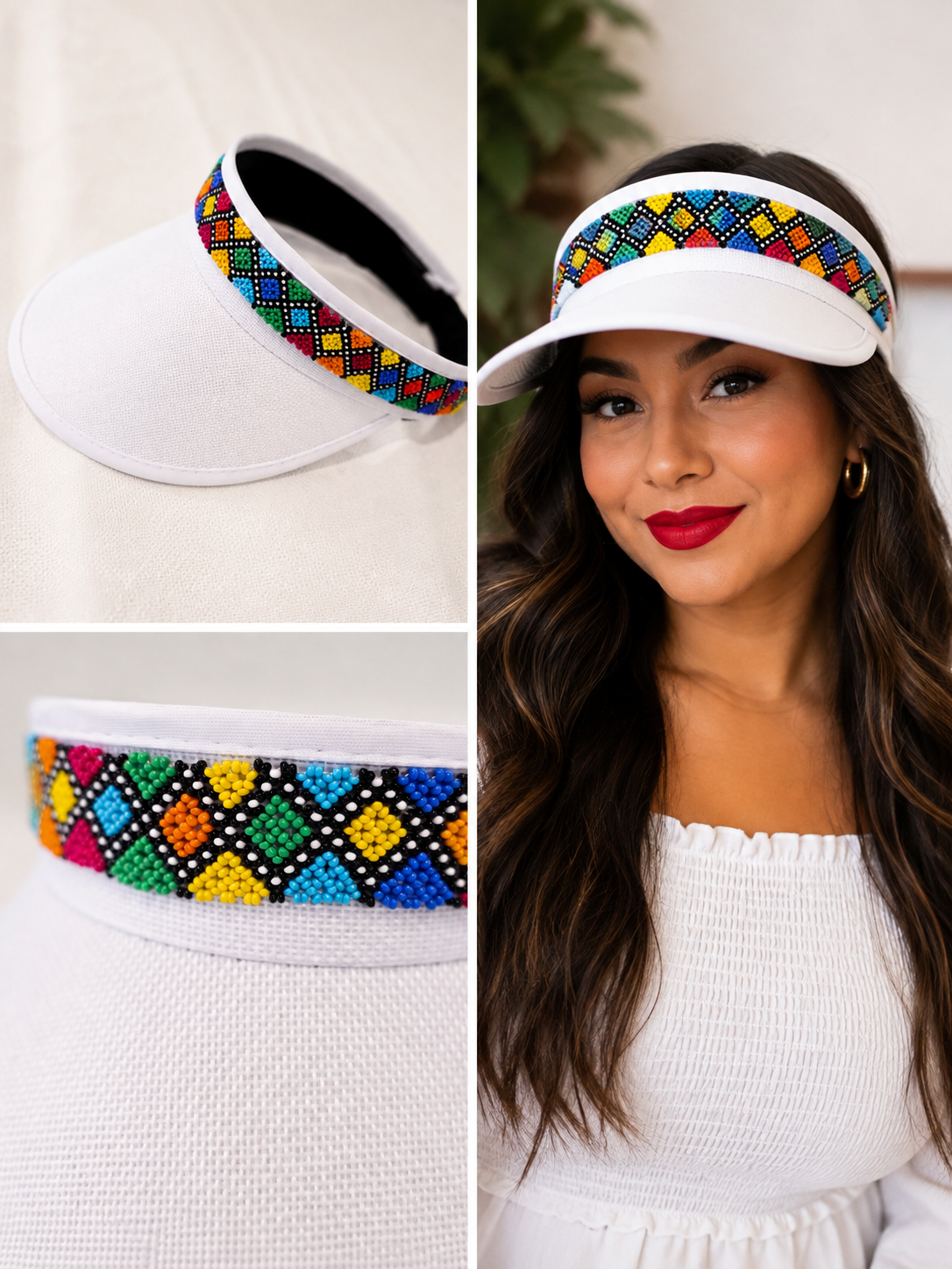 Visor White Beaded hat with an Elastic Back