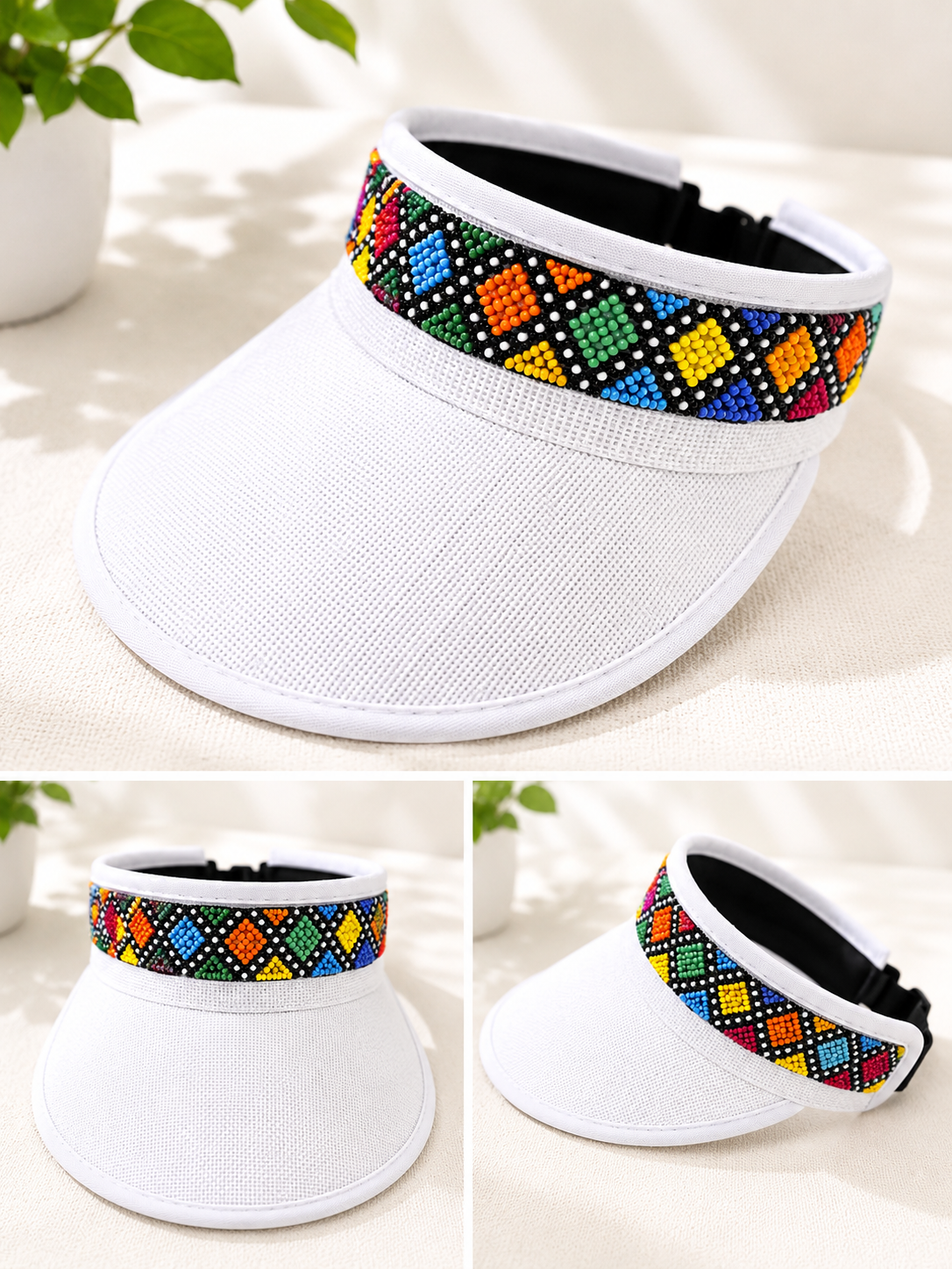 Visor White Beaded hat with an Elastic Back