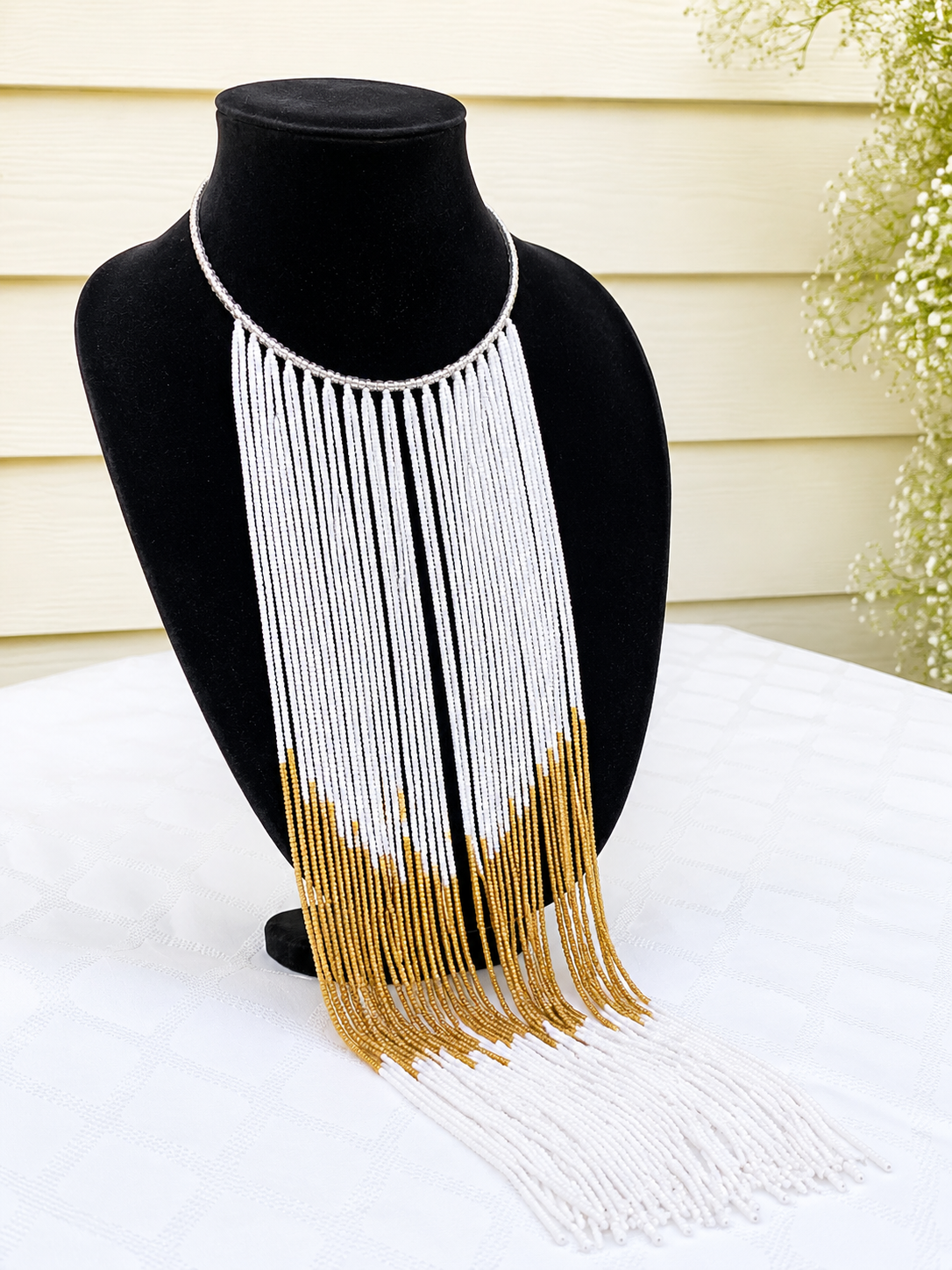 White and Gold Beaded Long Necklace