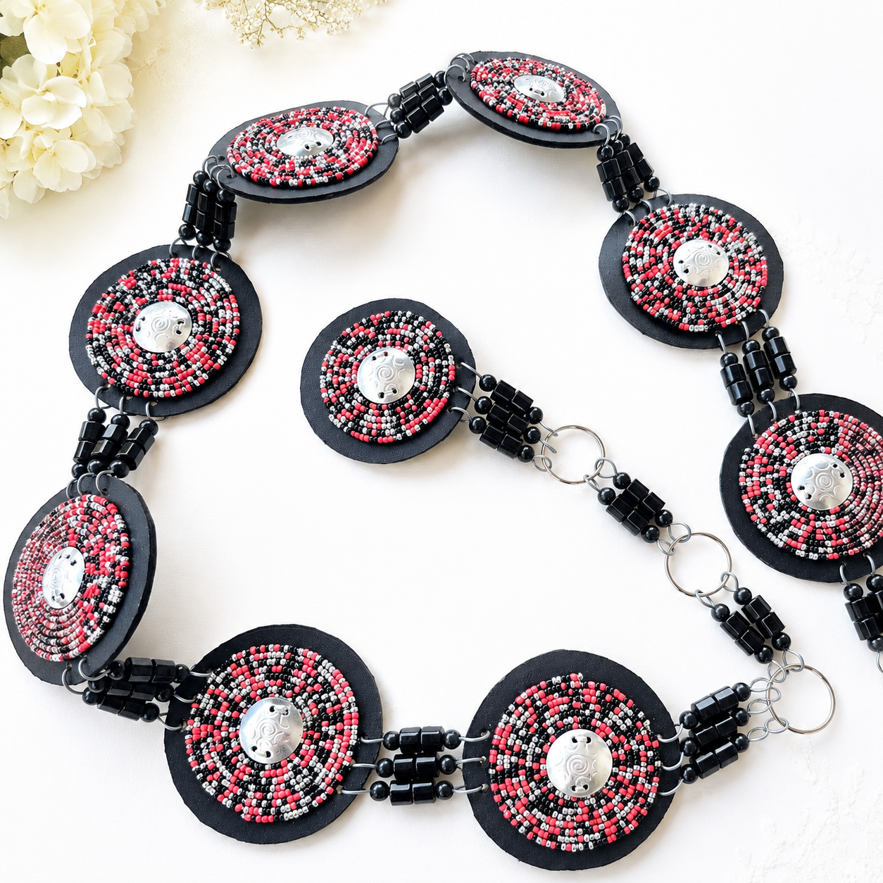 White, Black & Red Beaded Belt with a Silver Center