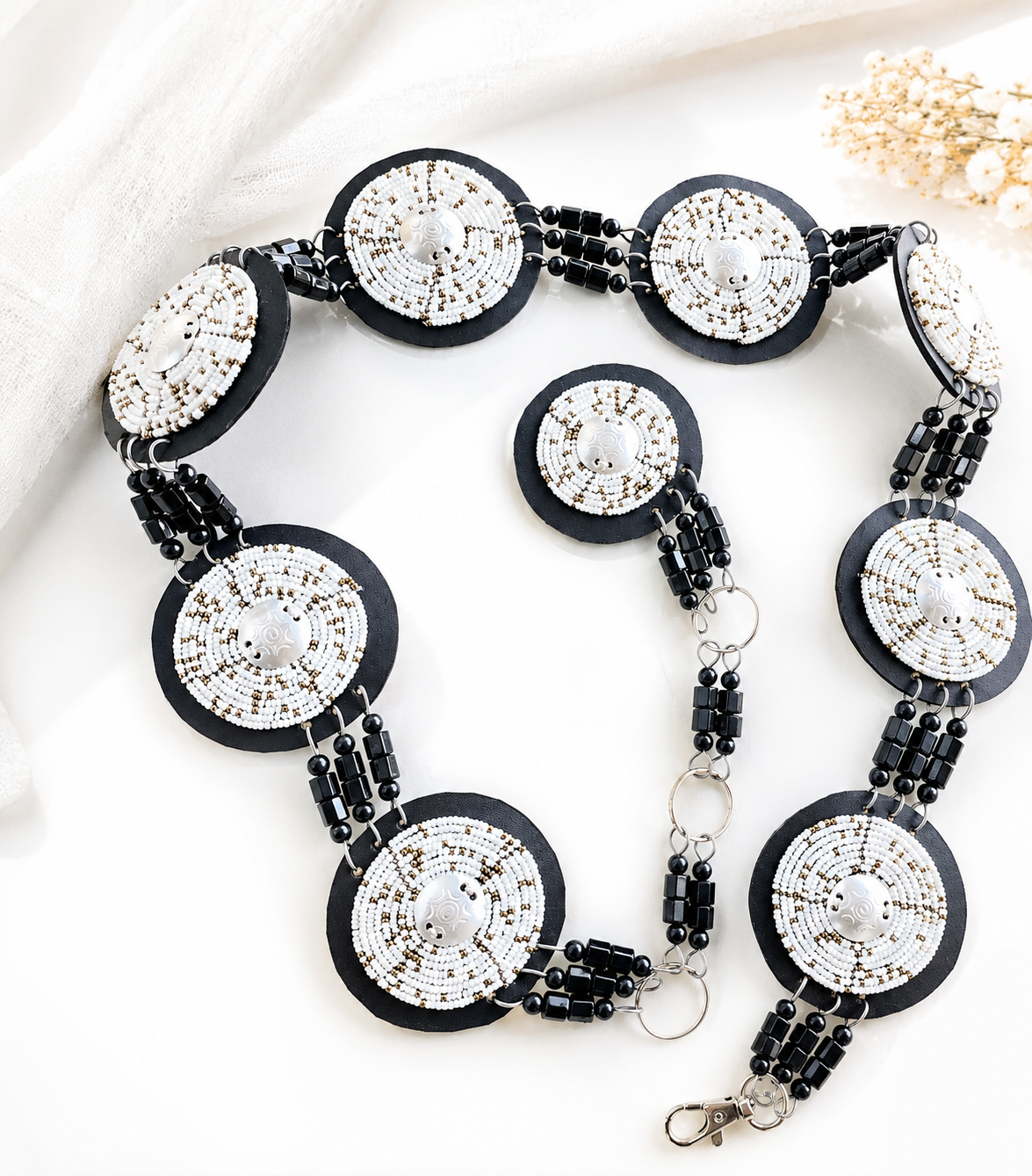 White & Gold Beaded Belt with a Silver Center